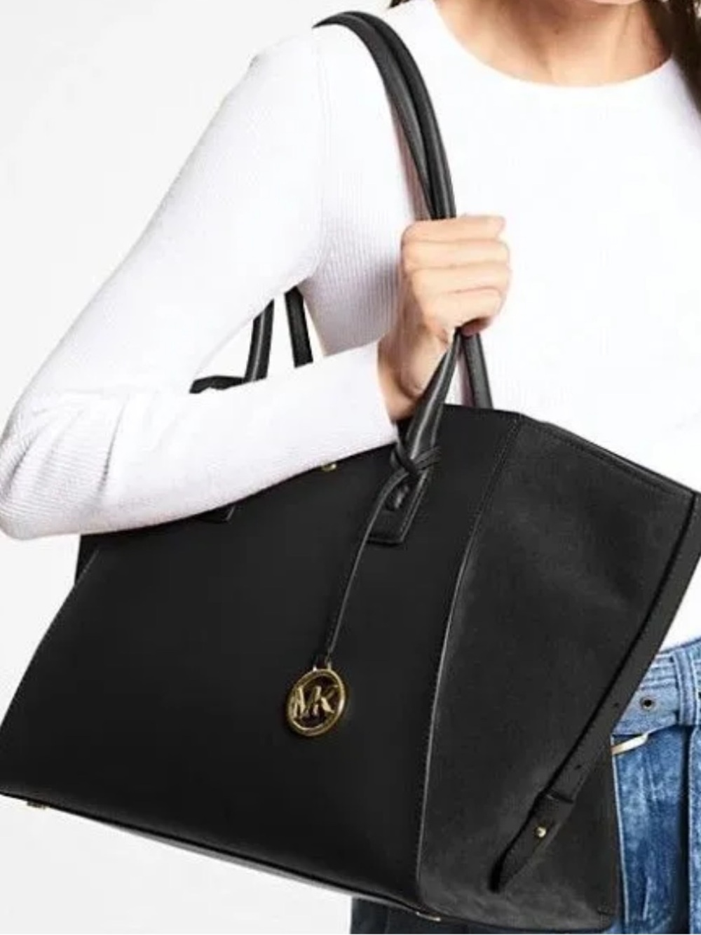 Michael Kors Avril Extra Large Black Leather Tote with Gold Logo Charm $558